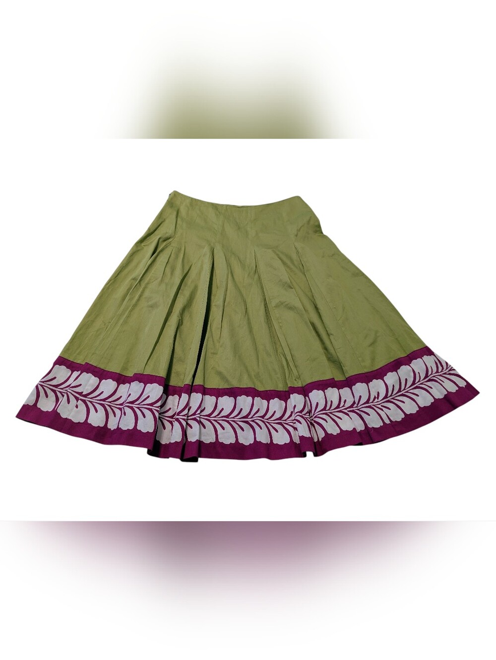 Boden Olive Green A-Line Skirt with Magenta Leaf Border, Size 10A